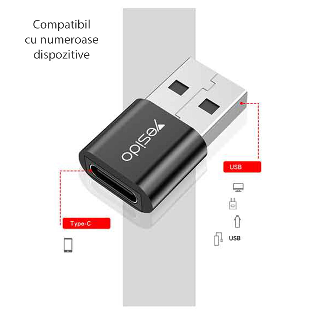 USB-C to USB-A Data and Charging Adapter Yesido GS09, Black