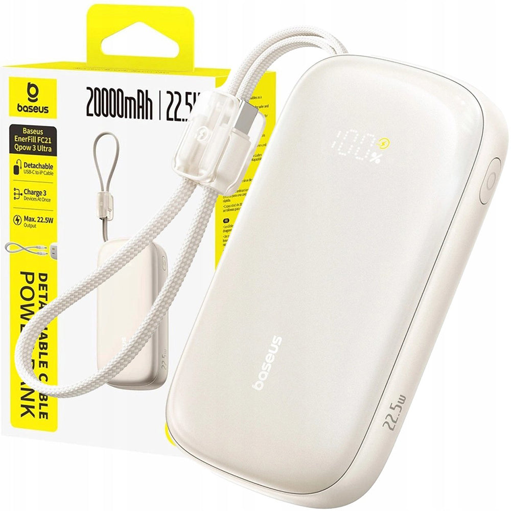 Baseus EnerFill FC21 Qpow 3 Ultra External Battery, 20000mAh, 22.5W, QC + PD, 1 x USB-A - 1 x USB-C, Beige E0027M01