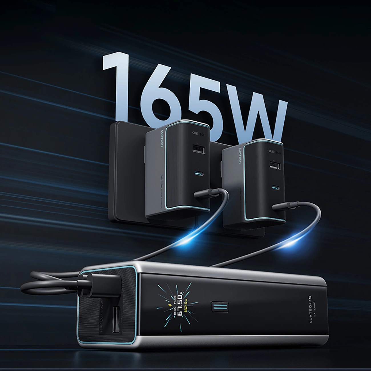 Cuktech External Battery, 20000mAh, 210W, QC + PD, 1 x USB-A - 2 x USB-C, Gray CKPB200UGLGR