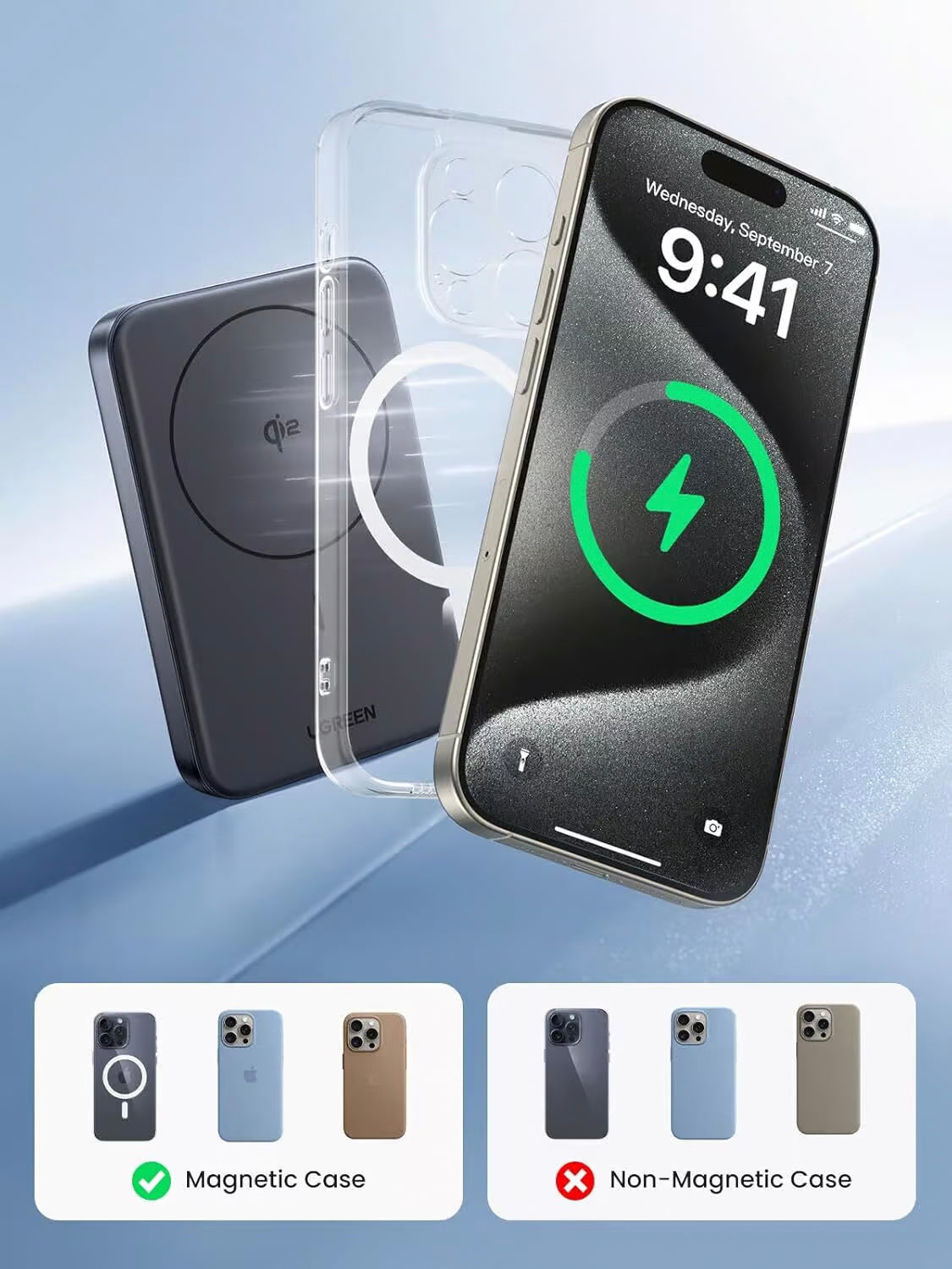 UGREEN PB761 External Battery, 10000mAh, 30W, PD + FQI, 1 x QI - 1 x USB-C, Grey