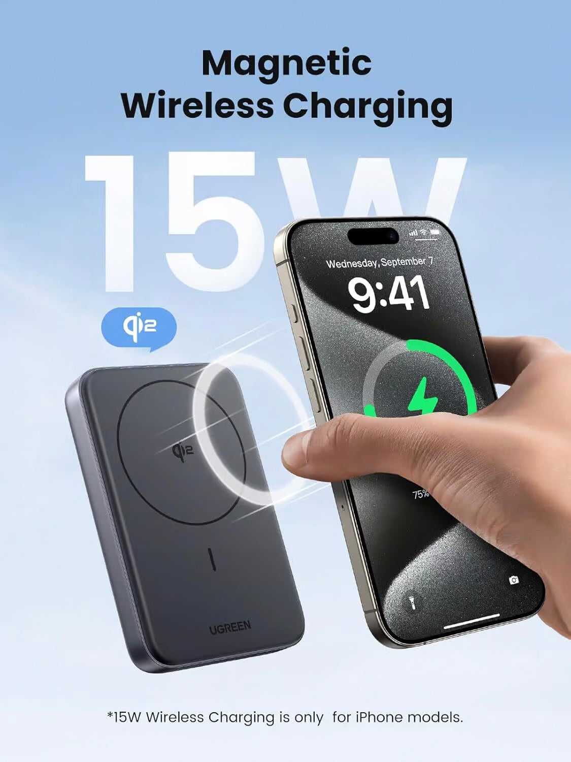 UGREEN PB761 External Battery, 10000mAh, 30W, PD + FQI, 1 x QI - 1 x USB-C, Grey