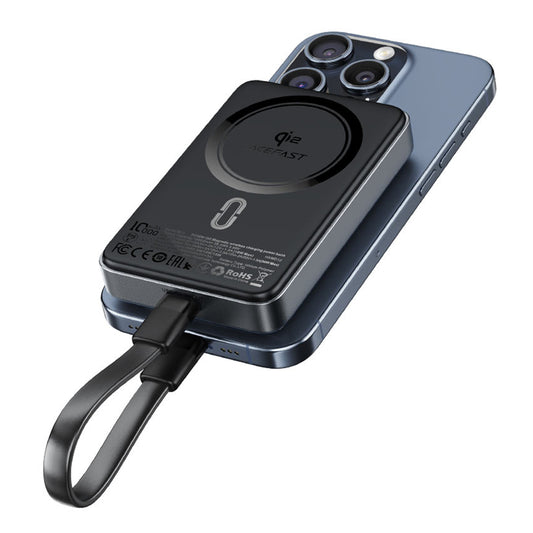 Acefast M11 Wireless External Battery, 10000mAh, 30W, PD + FQI, 1 x QI - 1 x USB-C, Black