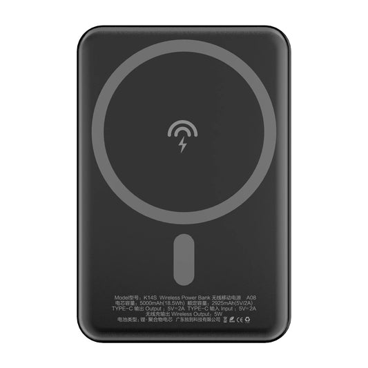 Wireless External Battery Dudao K14S, 5000mAh, 10W, PD + QI, 1 x QI - 1 x USB-C, Black