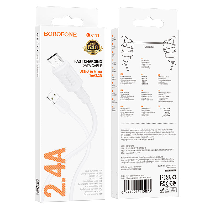 Data and Charging Cable USB-A - microUSB Borofone BX111 Feliz, 18W, 1m, White