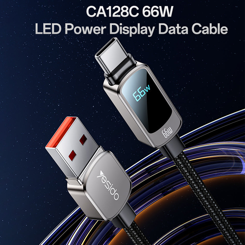 USB-A to USB-C Data and Charging Cable Yesido CA128C Display, 66W, 1.2m, Black