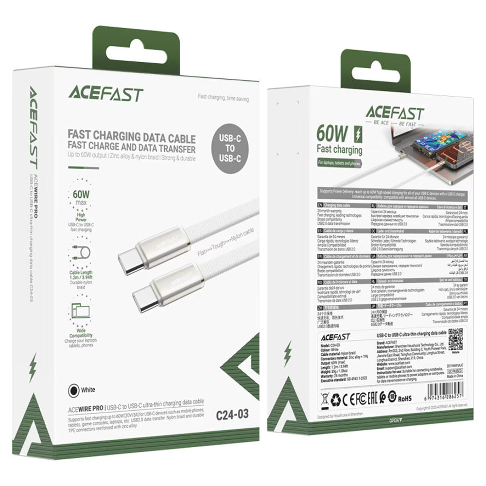 USB-C Data and Charging Cable - USB-C Acefast C24-03, 60W, 1.2m, White