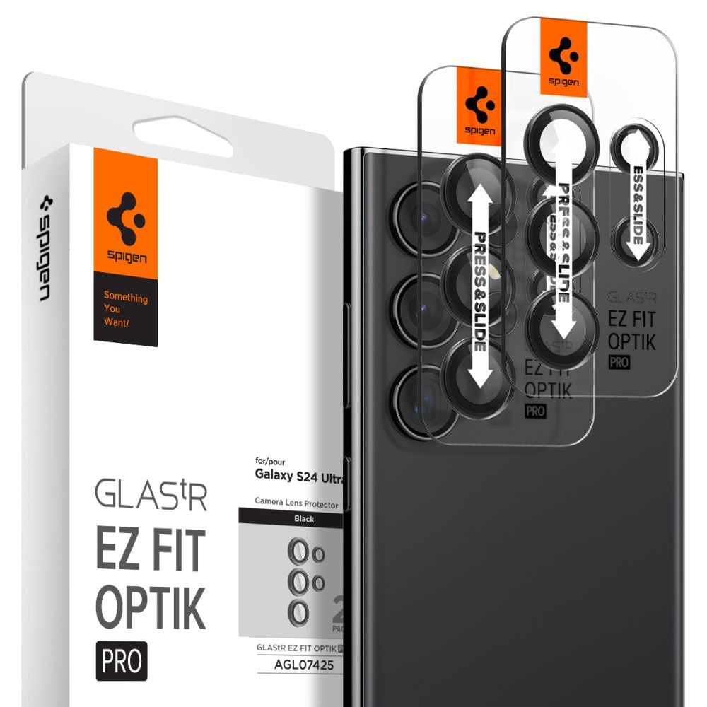 Rear Camera Protection Film Spigen GlastR EZ FIT Optik Pro for Samsung Galaxy S24 Ultra S928, Tempered Glass, Set of 2 pieces, Black