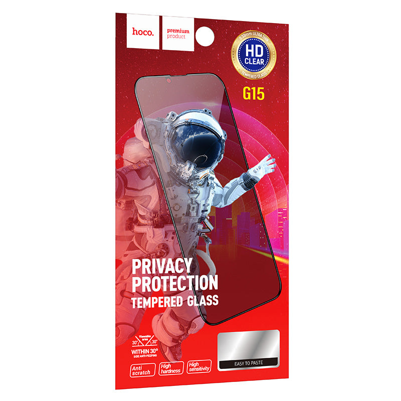 HOCO G15 Privacy Screen Protector for Apple iPhone 16 Plus / 15 Plus, Tempered Glass, Full Glue, 5D