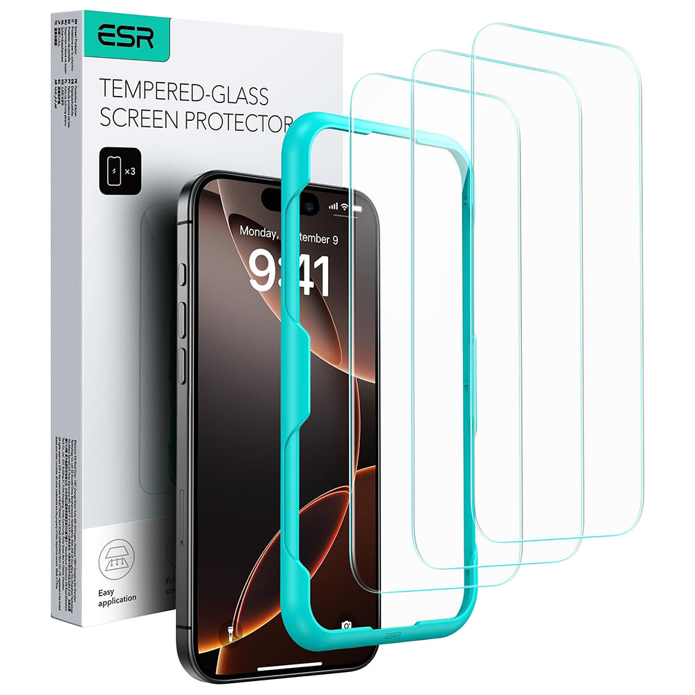 ESR Screen Protector for Apple iPhone 17 / 16 Pro, Tempered Glass, Full Glue, Set of 3, Black