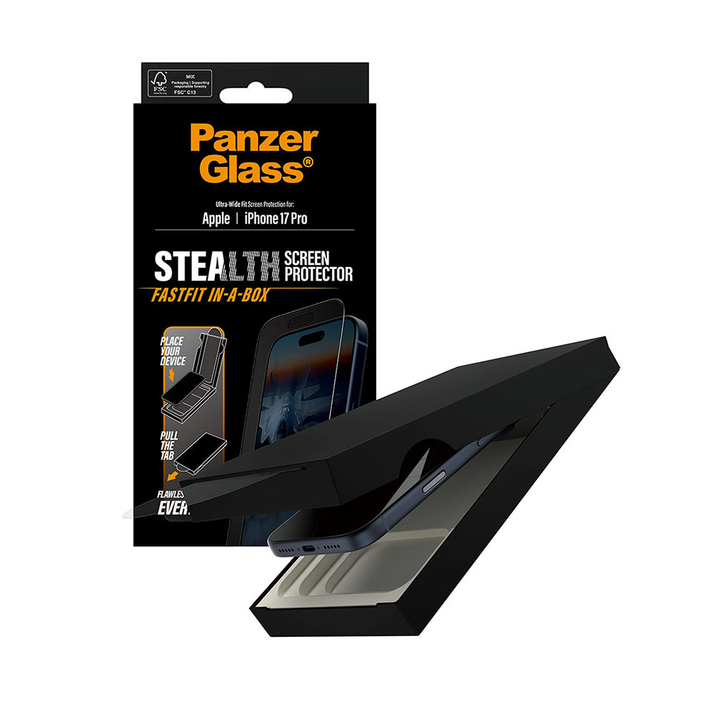 PanzerGlass Ultra-Wide Fit Stealth Fastfit Screen Protector for Apple iPhone 17 Pro, Tempered Glass, Full Glue, Black