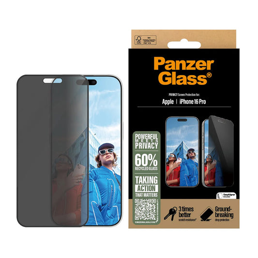 Privacy Screen Protector PanzerGlass Ultra-Wide Fit EasyAligner for Apple iPhone 16 Pro, Tempered Glass, Full Glue