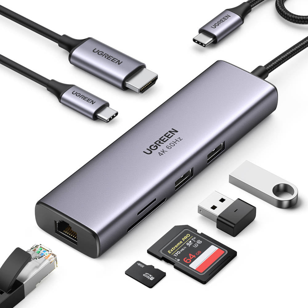 UGREEN CM512 USB-C Hub (60515), 2 x USB-A 3.0 - 1 x USB-C - 1 x HDMI - 1 x SD - 1 x microSD - 1 x RJ45, Gray
