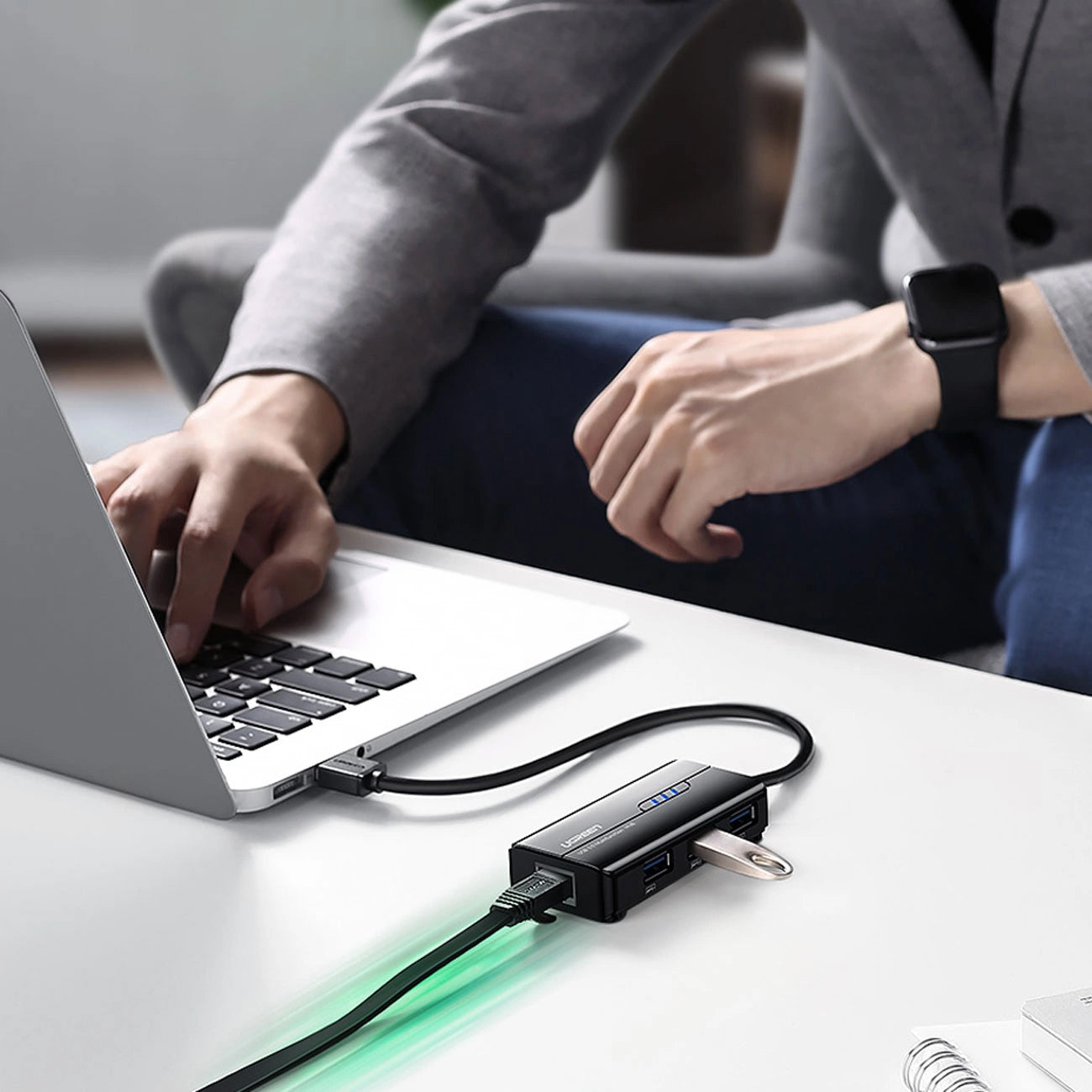 UGREEN 20265 USB Hub, 3 x USB-A 3.0 - 1 x RJ45, Black