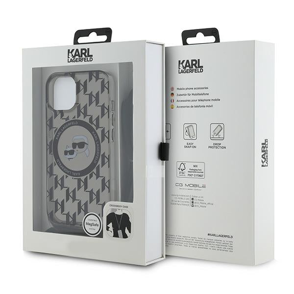 MagSafe Case for Apple iPhone 15, Karl Lagerfeld, IML Crossbody Monogram Karl & Choupette's Heads, Black