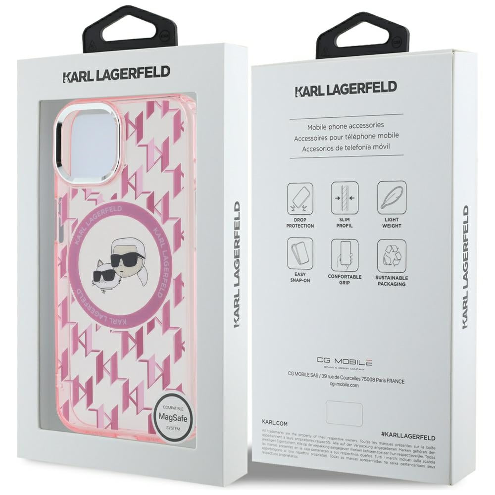 MagSafe Case for Apple iPhone 15, Karl Lagerfeld, IML Monogram Karl & Choupette's Heads, Pink