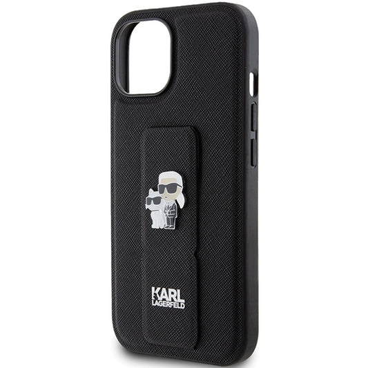 MagSafe Case for Apple iPhone 15 Plus / 14 Plus, Karl Lagerfeld, Saffiano Gripstand Karl & Choupette, Black