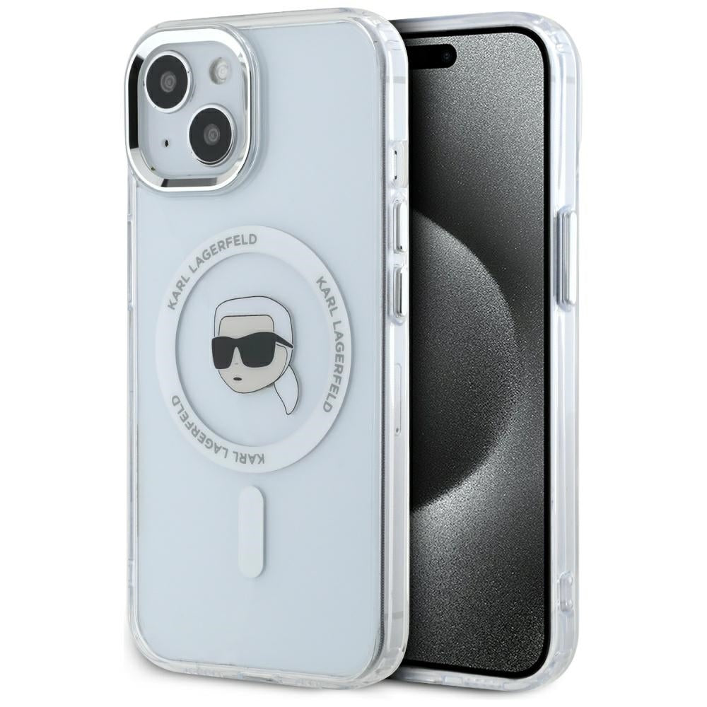 MagSafe Case for Apple iPhone 15 Plus, Karl Lagerfeld, IML Metal Karl's Head, White
