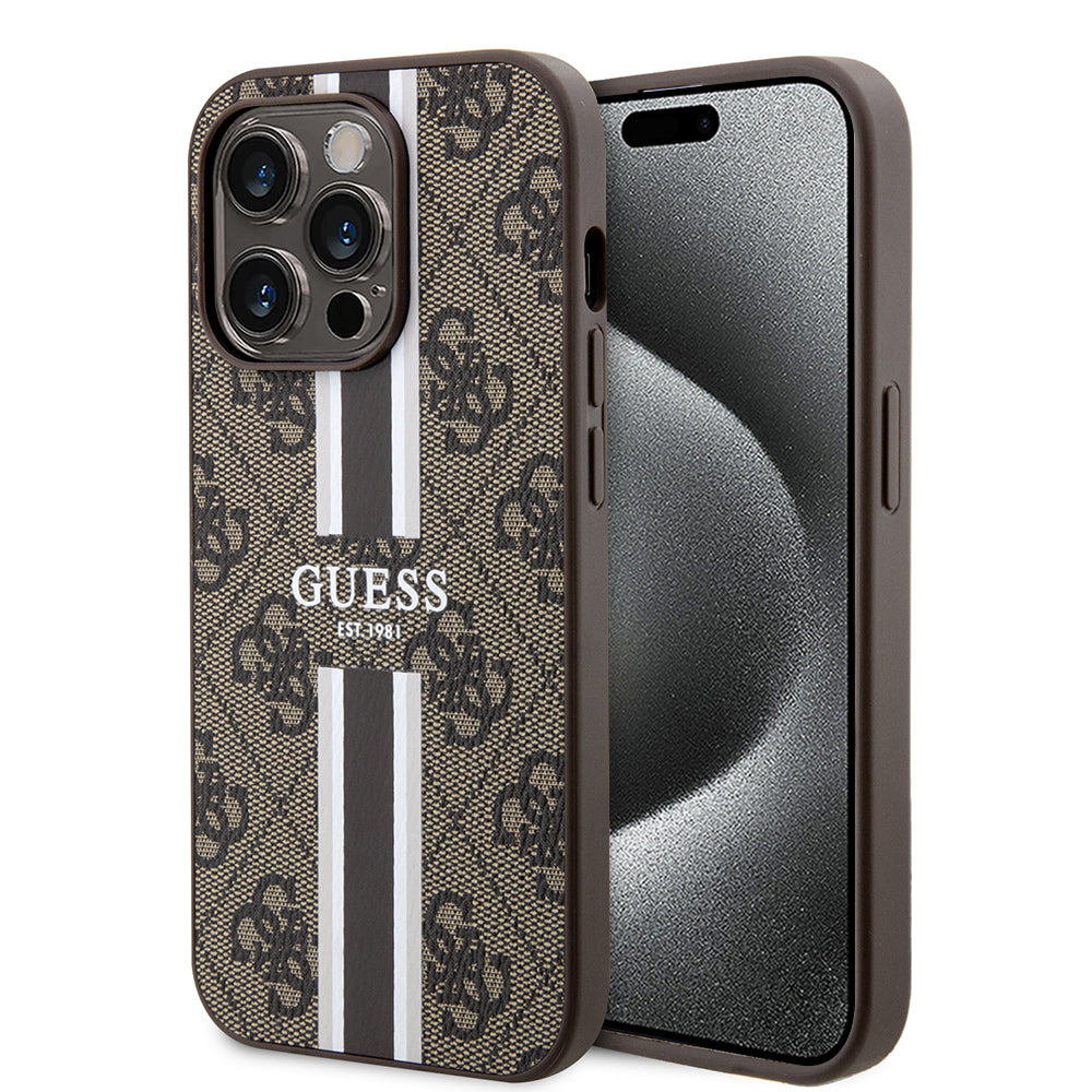 MagSafe Case for Apple iPhone 15 Pro, Guess, 4G Printed Stripes, Brown