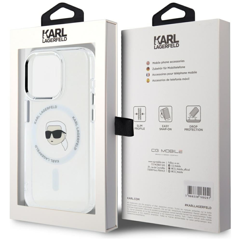 MagSafe Case for Apple iPhone 15 Pro Max, Karl Lagerfeld, IML Metal Karl's Head, White