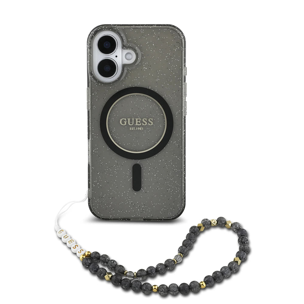 MagSafe Case for Apple iPhone 16, Guess, IML Glitter with Pearl Strap, Black