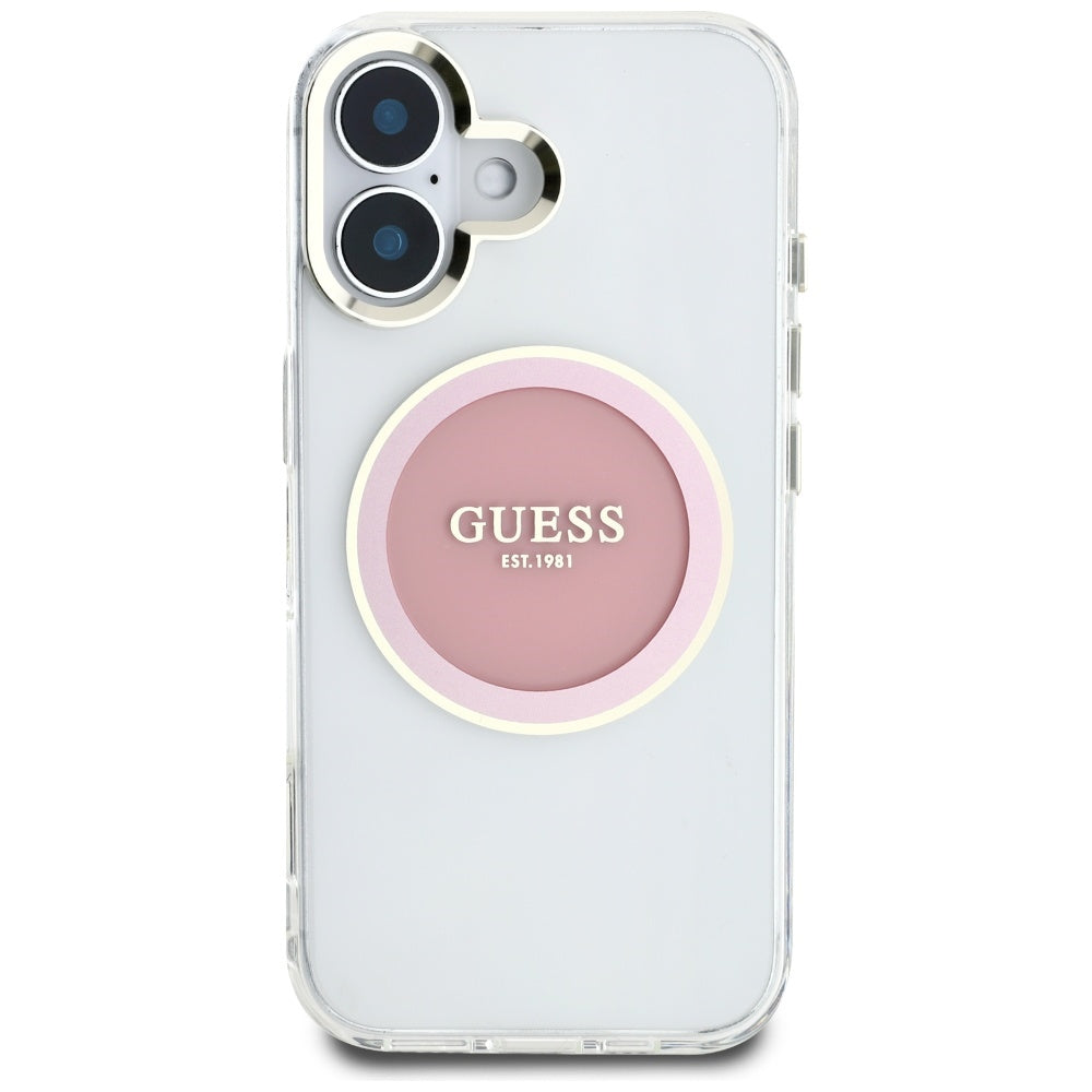 MagSafe Case for Apple iPhone 16, Guess, IML Metal Colored Circle, Pink