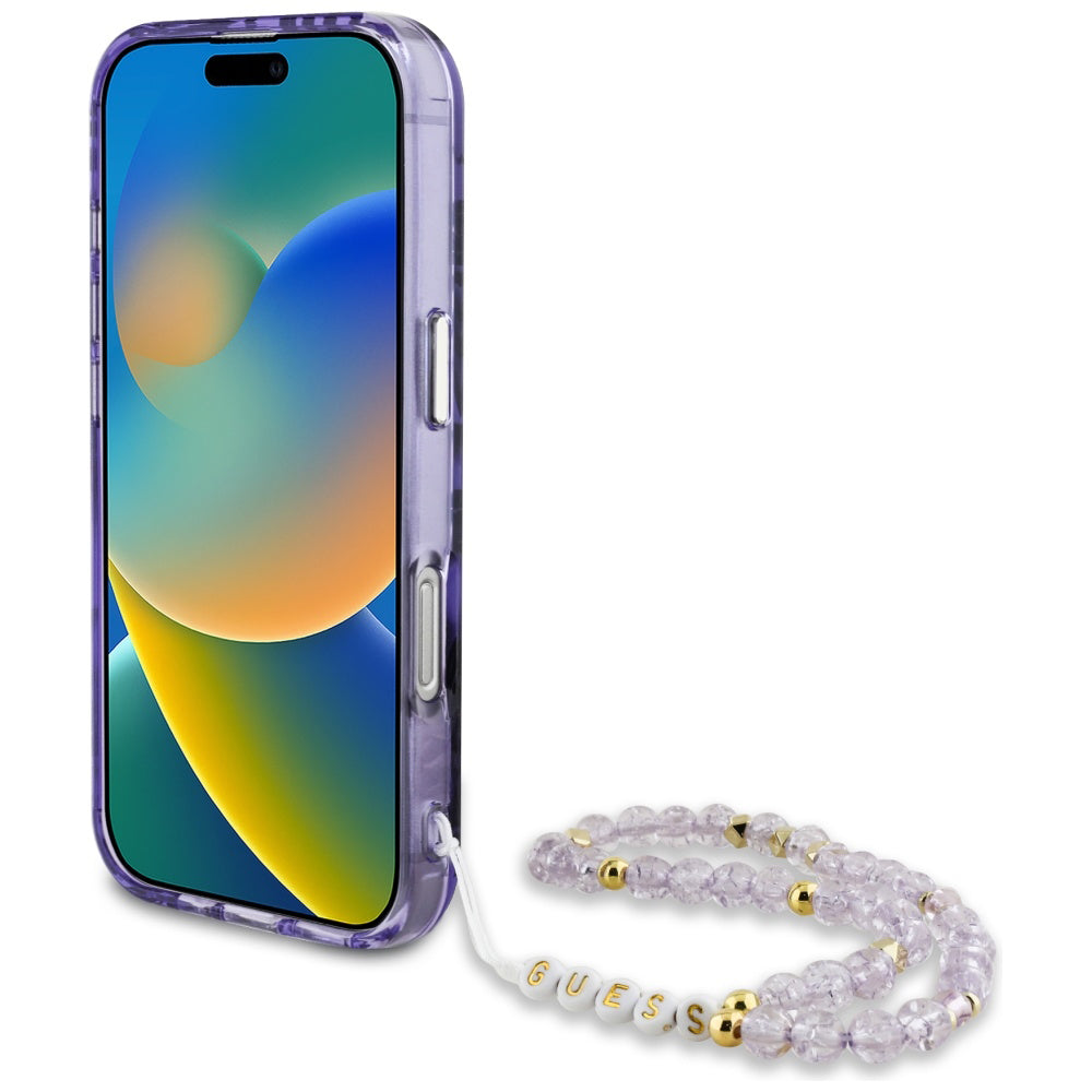 MagSafe Case for Apple iPhone 16, Guess, IML Palm Trees Triangle with Pearl Strap, Purple