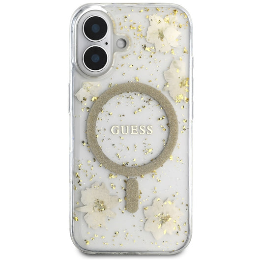 MagSafe Case for Apple iPhone 16, Guess, Resin Flowers and Glitter, Beige