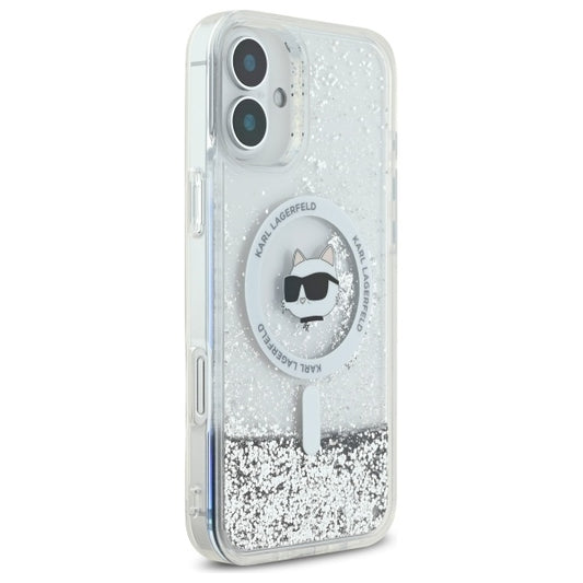 MagSafe Case for Apple iPhone 16, Karl Lagerfeld, Glitter Liquid Choupette Head, Transparent
