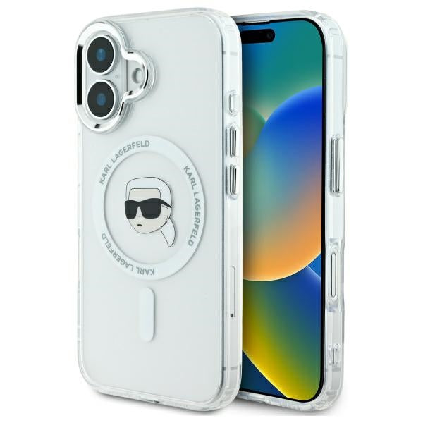 MagSafe Case for Apple iPhone 16, Karl Lagerfeld, IML Metal Karl's Head, White
