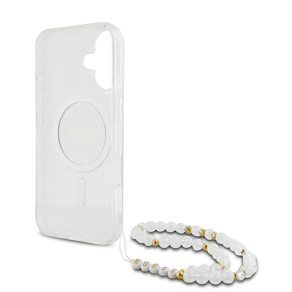 MagSafe Case for Apple iPhone 16 Plus, Guess, IML Glitter with Pearl Strap, Transparent