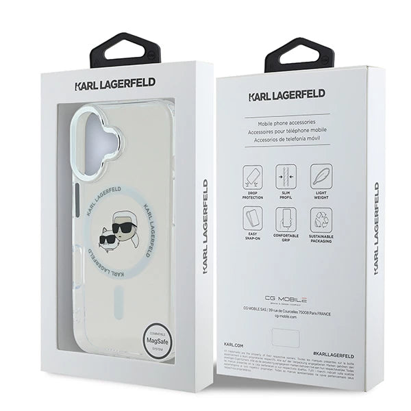 MagSafe Case for Apple iPhone 16 Plus, Karl Lagerfeld, IML Metal Karl & Choupette's Heads, White