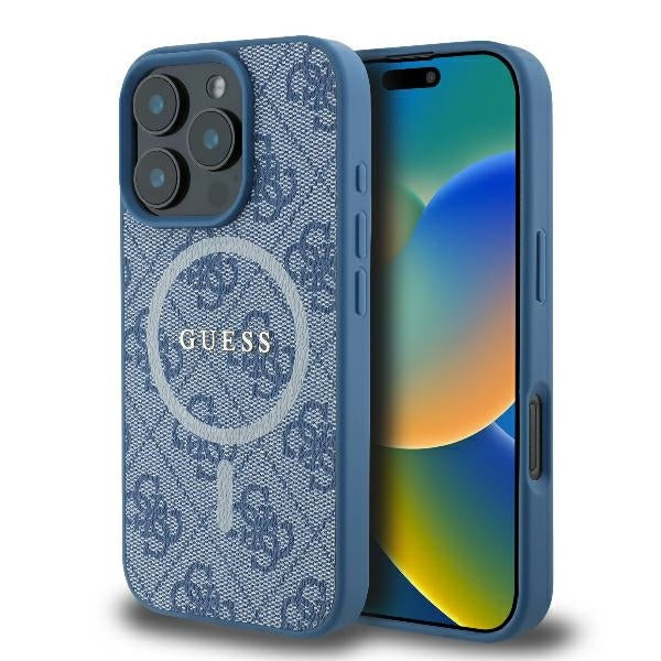MagSafe Case for Apple iPhone 16 Pro, Guess, 4G Ring Classic Logo, Blue