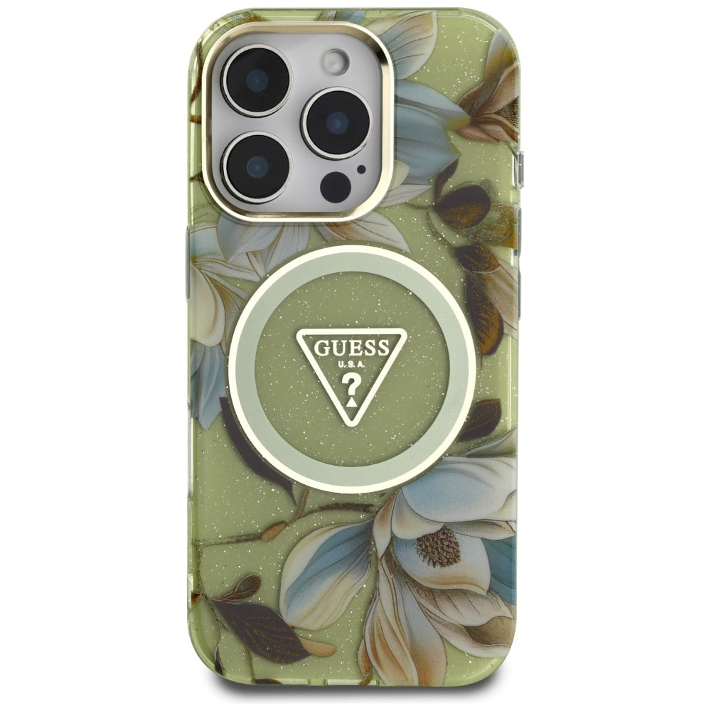 MagSafe Case for Apple iPhone 16 Pro, Guess, IML Metal Glitter Flowers Triangle, Green
