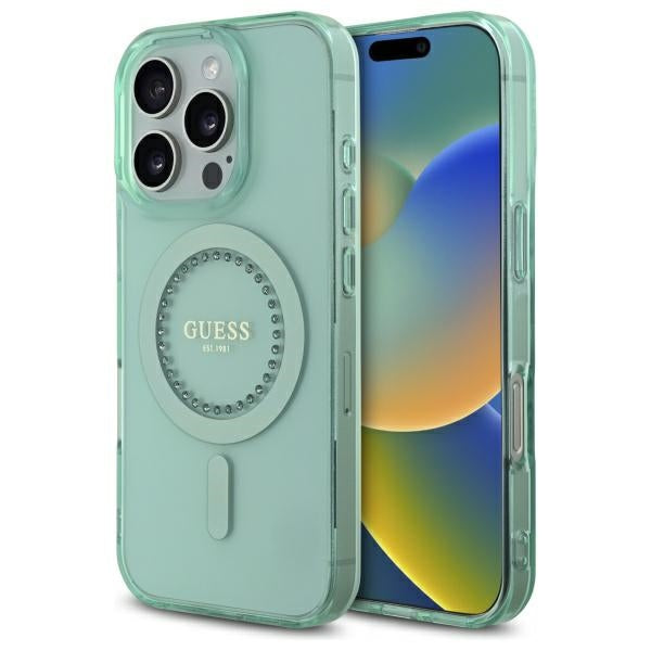 MagSafe Case for Apple iPhone 16 Pro, Guess, IML Rhinestone, Green