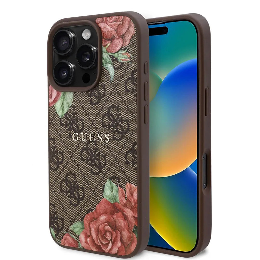 MagSafe Case for Apple iPhone 16 Pro Max, Guess, 4G Flowers Print, Brown