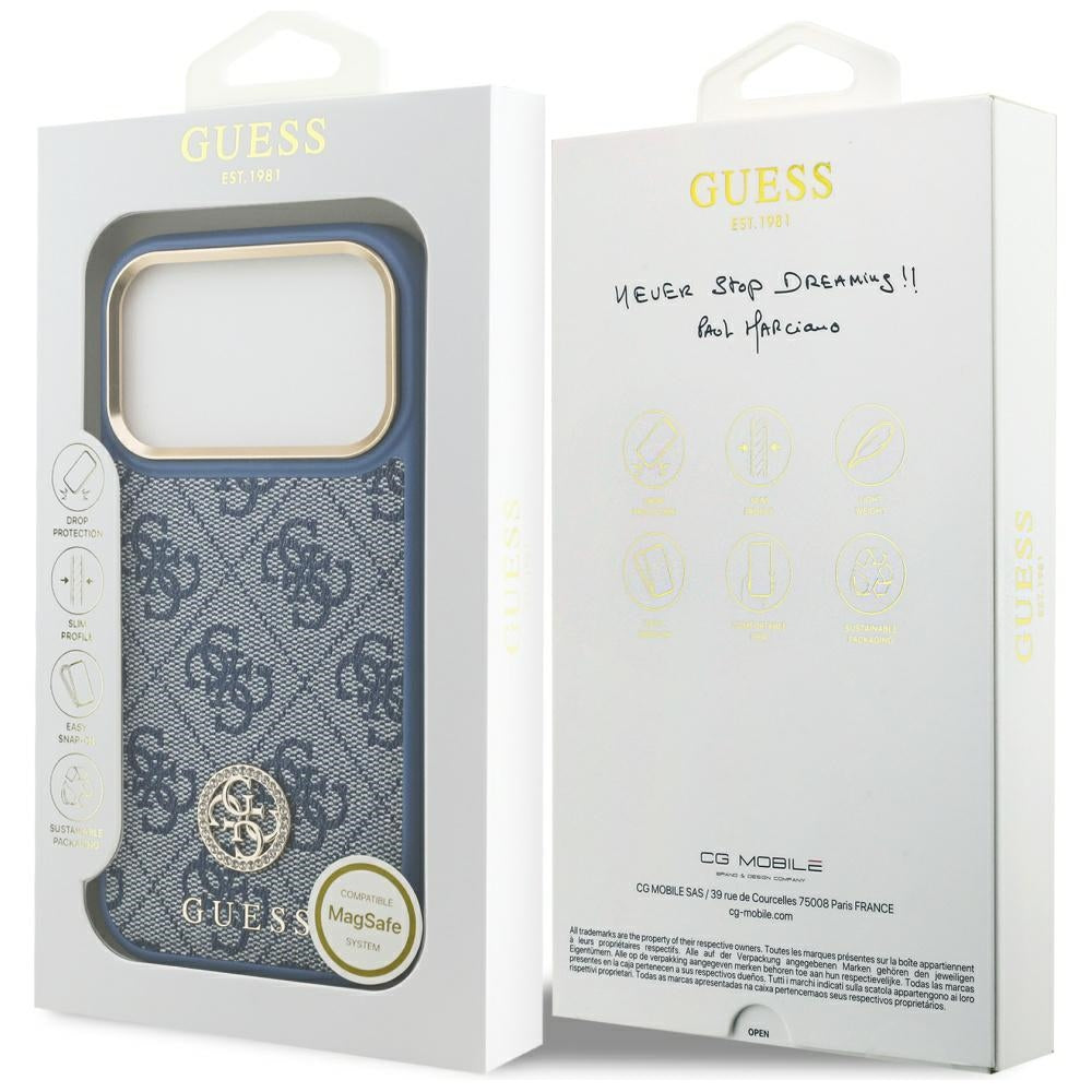MagSafe Case for Apple iPhone 17 Pro Max, Guess, 4G Strass Logo, Blue