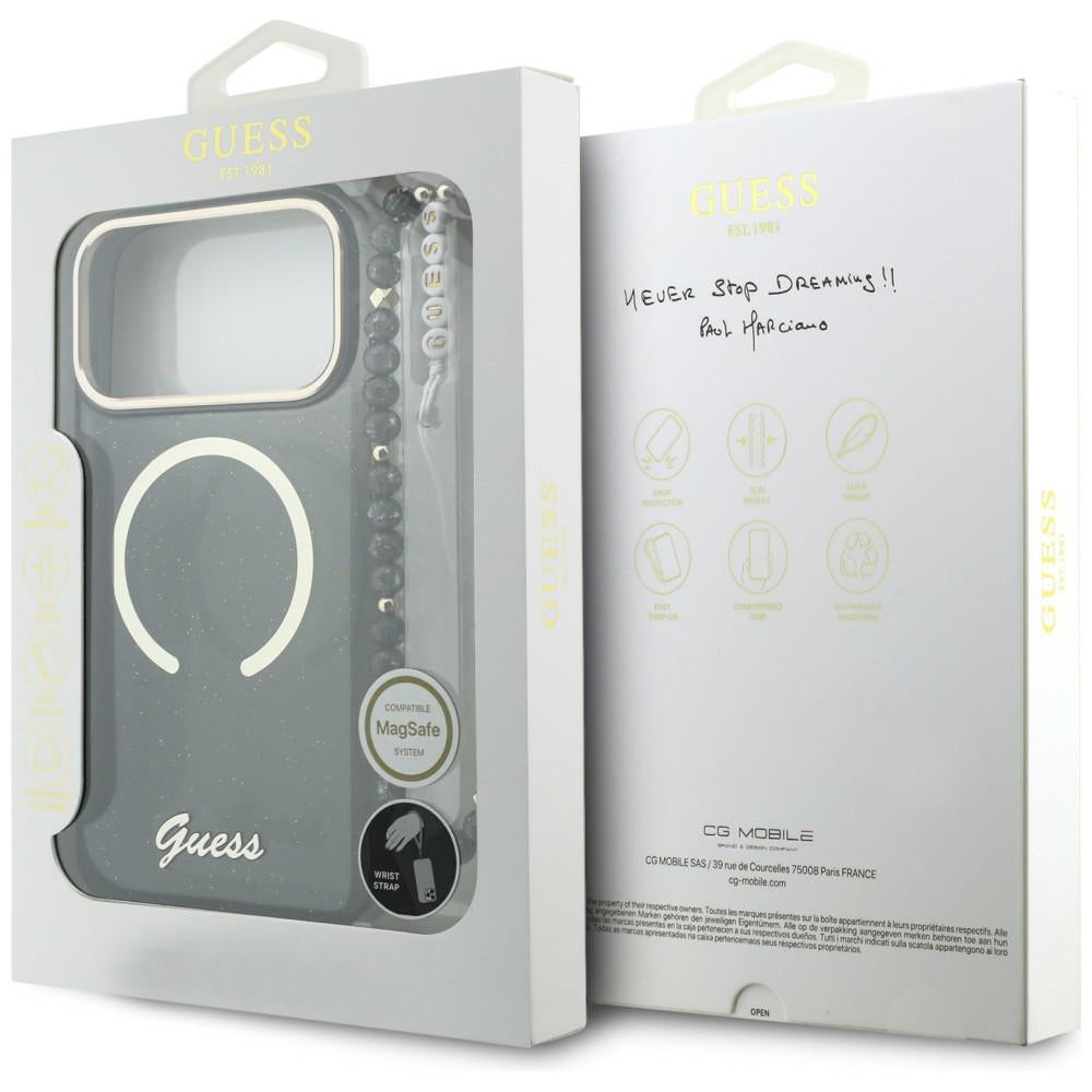 MagSafe Case for Apple iPhone 17 Pro Max, Guess, IML Glitter Script Strap, Black