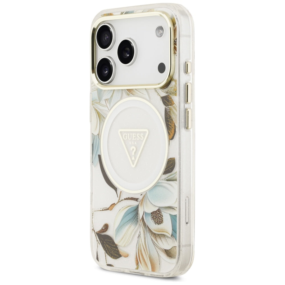 MagSafe Case for Apple iPhone 17 Pro Max, Guess, IML Metal Glitter Flowers Triangle, White
