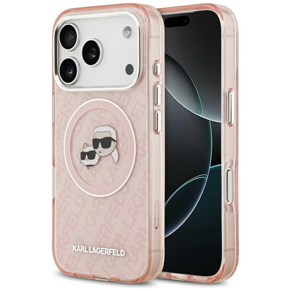 MagSafe Case for Apple iPhone 17 Pro Max, Karl Lagerfeld, Glitter Karl & Choupette Head, Pink