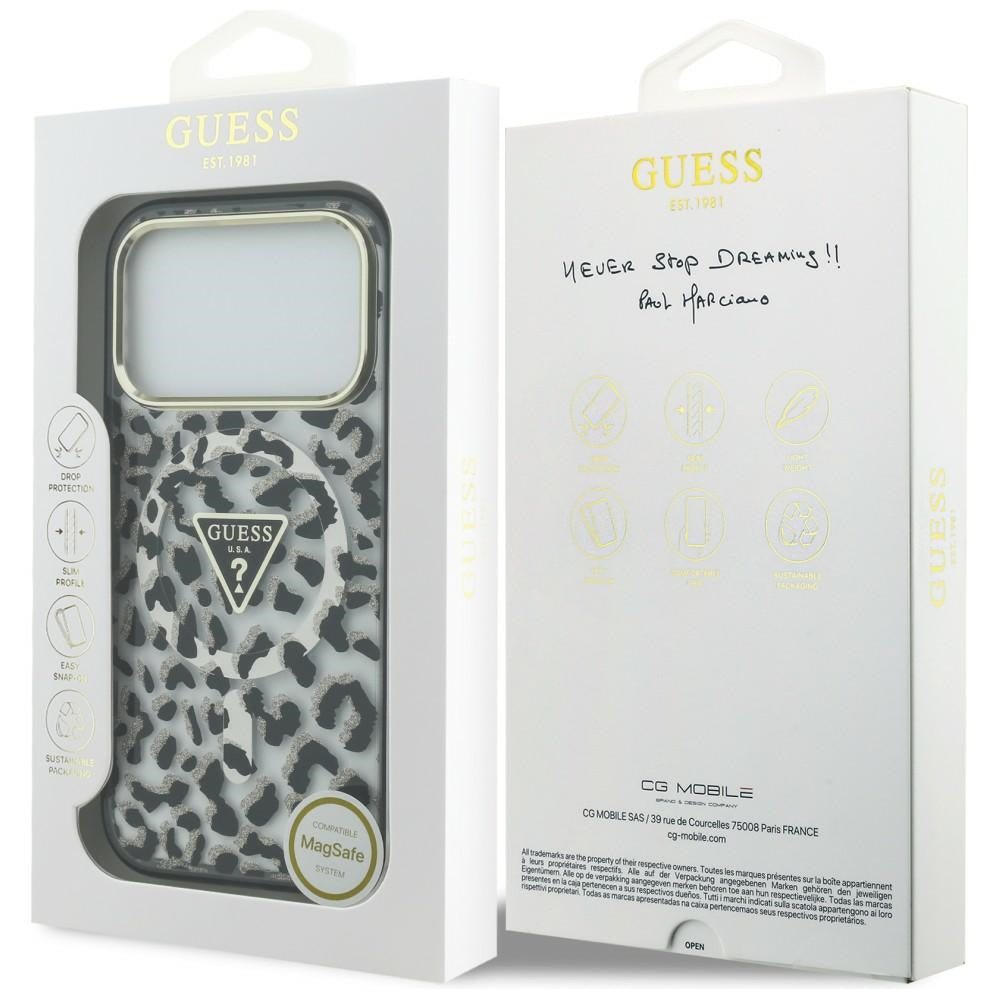 MagSafe Case for Apple iPhone 18 Pro / 17 Pro, Guess, Leopard Glitter Triangle Logo, Black