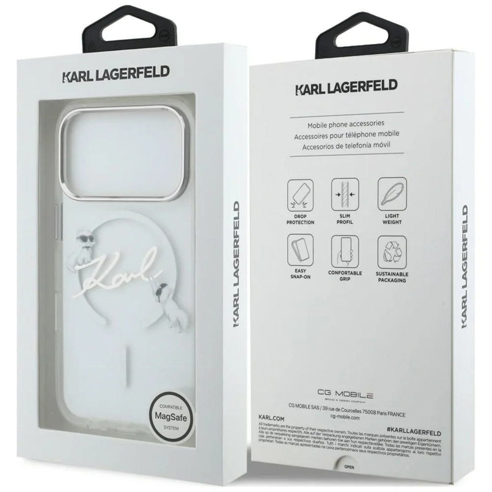 MagSafe Case for Apple iPhone 18 Pro / 17 Pro, Karl Lagerfeld, IML Choupette Karl Script Logo, Transparent