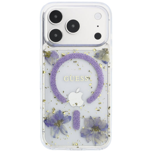 MagSafe Case for Apple iPhone 18 Pro Max / 17 Pro Max, Guess, Resin Flowers and Glitter, Purple