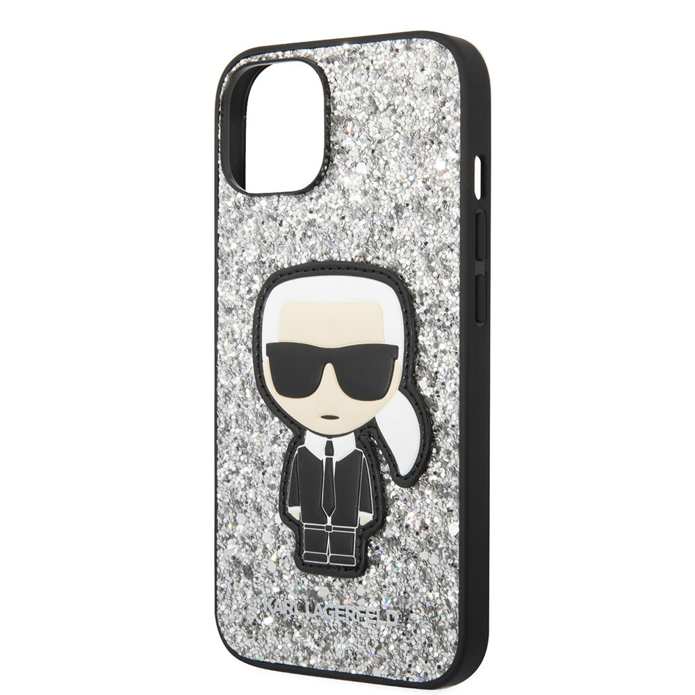 Case for Apple iPhone 14, Karl Lagerfeld, Glitter Flakes Ikonik Karl, Silver