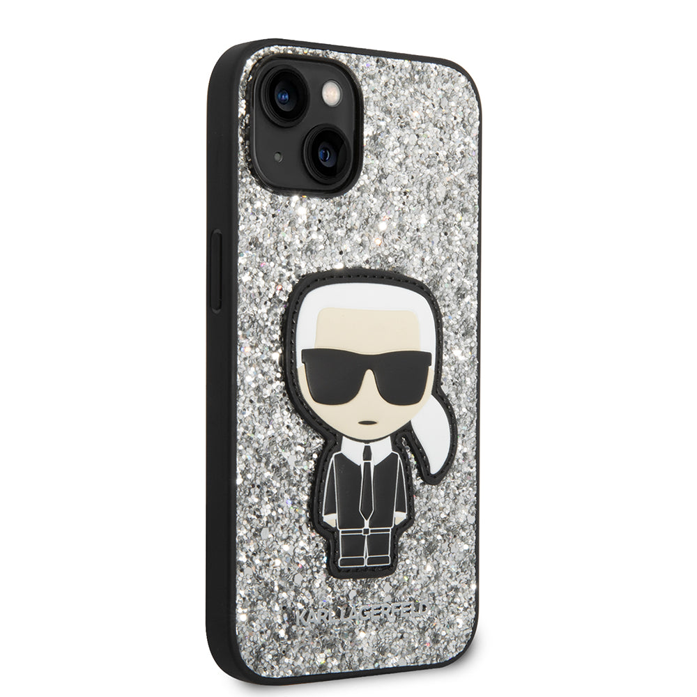 Case for Apple iPhone 14, Karl Lagerfeld, Glitter Flakes Ikonik Karl, Silver