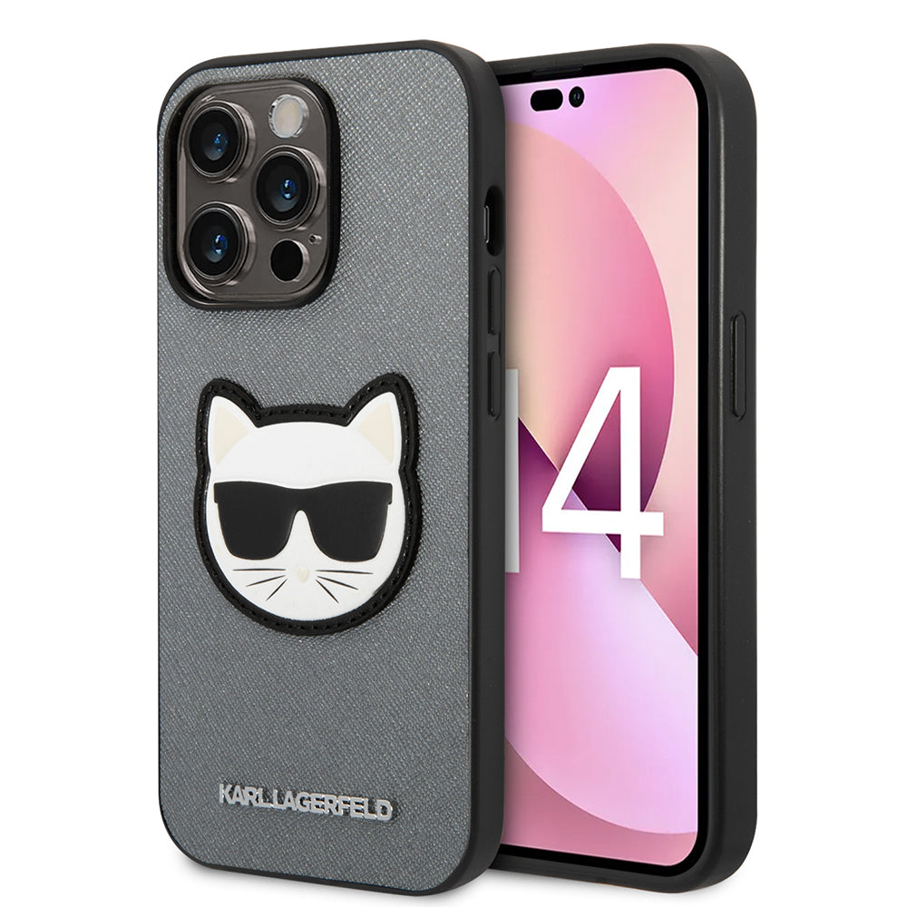 Case for Apple iPhone 14 Pro, Karl Lagerfeld, Saffiano Choupette's Head, Silver