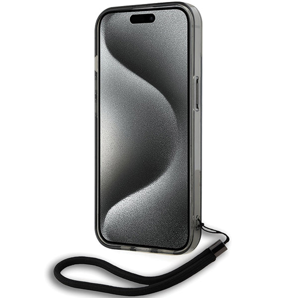 Case for Apple iPhone 15, Karl Lagerfeld, IML Luxury Monogram KL Pattern with Strap, Black