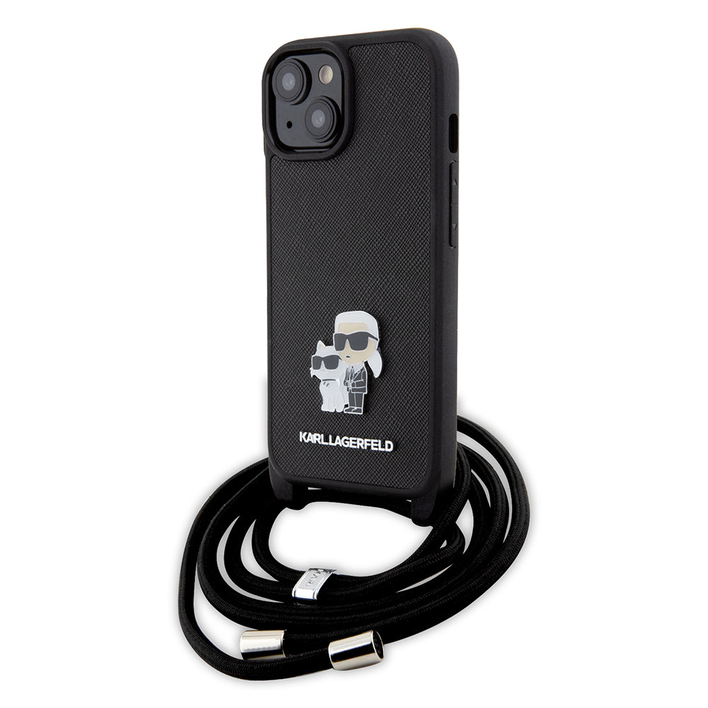 Case for Apple iPhone 15 Plus, Karl Lagerfeld, Saffiano Crossbody Metal Pin Karl & Choupette, Black