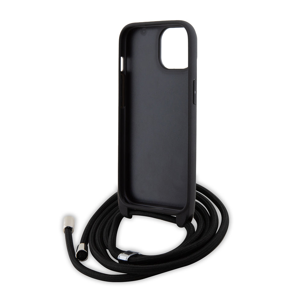 Case for Apple iPhone 15 Plus, Karl Lagerfeld, Saffiano Crossbody Metal Pin Karl & Choupette, Black