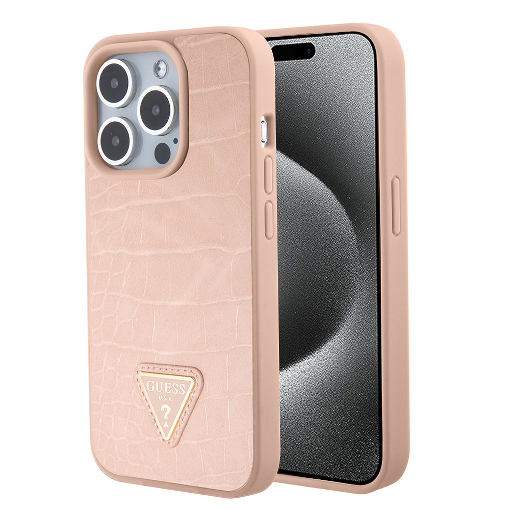Case for Apple iPhone 15 Pro, Guess, Croco Triangle Metal Logo, Pink