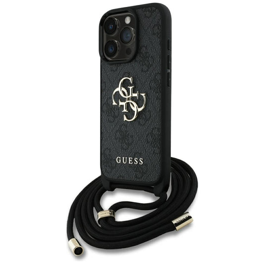 Case for Apple iPhone 16 Pro, Guess, 4G CBDY Big Logo with Cord Strap, Black